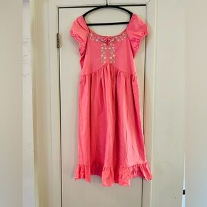 Pink Cottagecore Prairie Peasant Milkmaid Embroiderd Tiered Ruffle Maxi Dress L